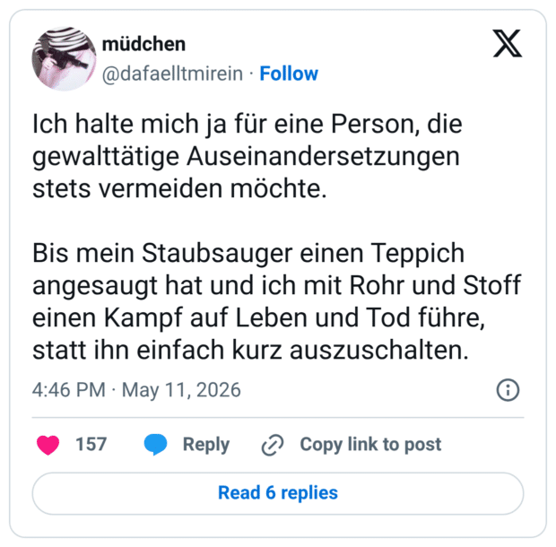 Ich halte mich ja für eine Person, die gewalttätige Auseinandersetzungen stets vermeiden möchte. Bis mein Staubsauger einen Teppich angesaugt hat und ich mit Rohr und Stoff einen Kampf auf Leben und Tod führe, statt ihn einfach kurz auszuschalten.