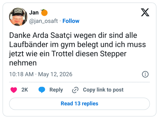 Danke Arda Saatçi wegen dir sind alle Laufbänder im gym belegt und ich muss jetzt wie ein Trottel diesen Stepper nehmen