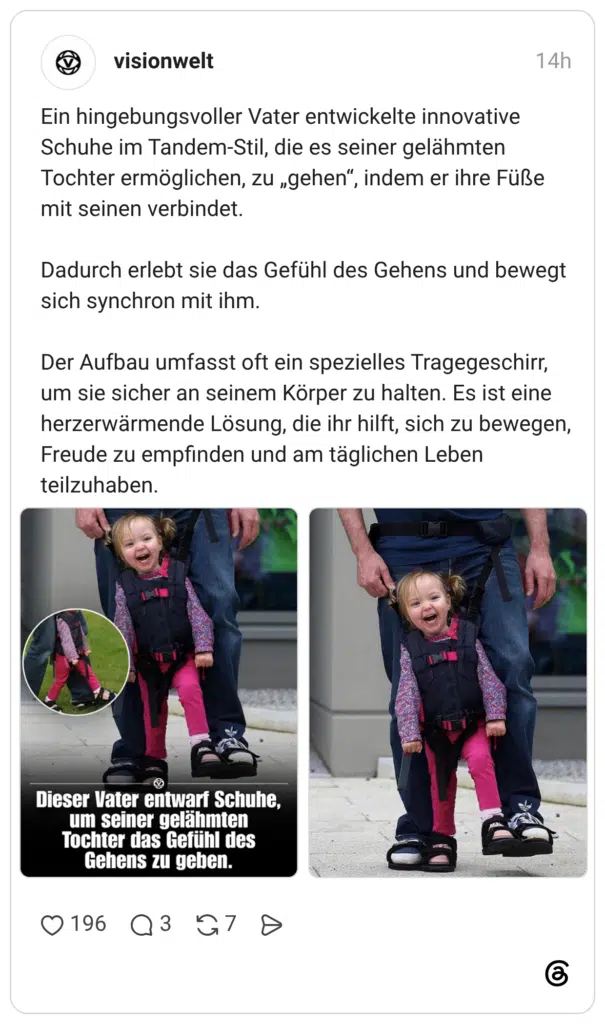 Ein hingebungsvoller Vater entwickelte innovative Schuhe im Tandem-Stil, die es seiner gelähmten Tochter ermöglichen, zu „gehen“, indem er ihre Füße mit seinen verbindet. ⠀ Dadurch erlebt sie das Gefühl des Gehens und bewegt sich synchron mit ihm. ⠀ Der Aufbau umfasst oft ein spezielles Tragegeschirr, um sie sicher an seinem Körper zu halten. Es ist eine herzerwärmende Lösung, die ihr hilft, sich zu bewegen, Freude zu empfinden und am täglichen Leben teilzuhaben.