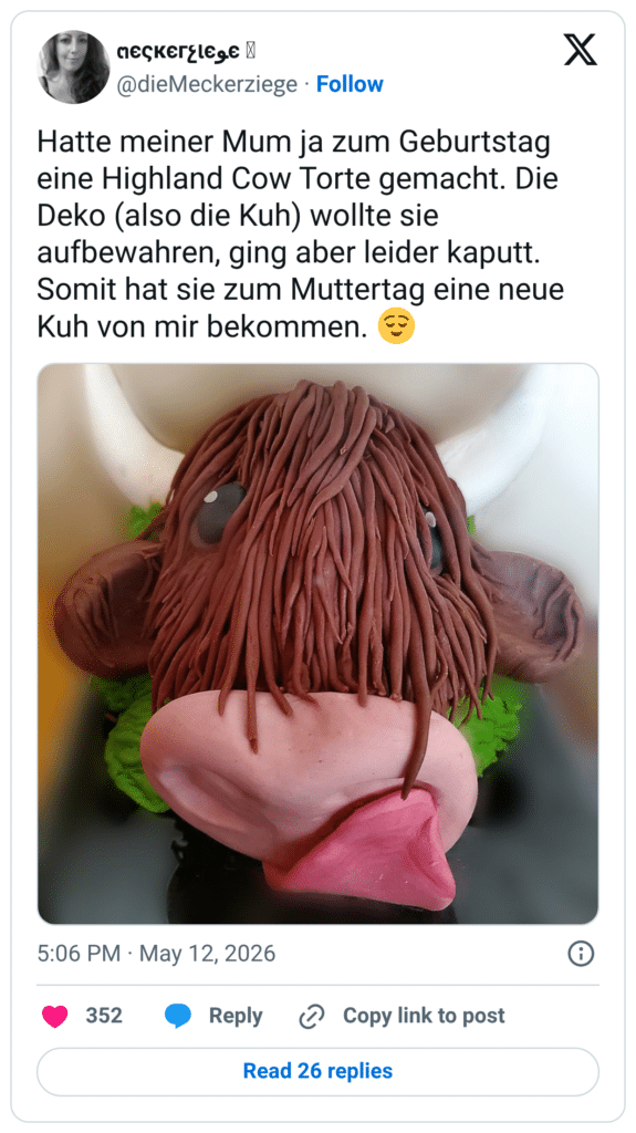 Hatte meiner Mum ja zum Geburtstag eine Highland Cow Torte gemacht. Die Deko (also die Kuh) wollte sie aufbewahren, ging aber leider kaputt. Somit hat sie zum Muttertag eine neue Kuh von mir bekommen. 😌