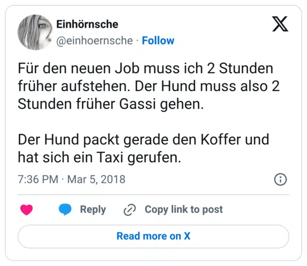 Für den neuen Job muss ich 2 Stunden früher aufstehen. Der Hund muss also 2 Stunden früher Gassi gehen. Der Hund packt gerade den Koffer und hat sich ein Taxi gerufen.