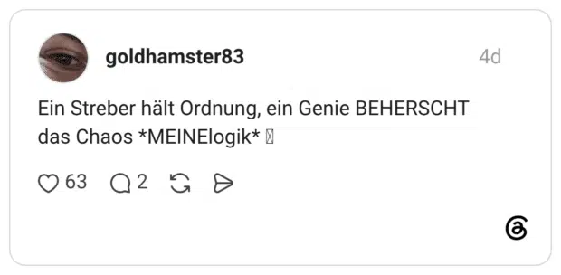 Ein Streber hält Ordnung, ein Genie BEHERSCHT das Chaos *MEINElogik*