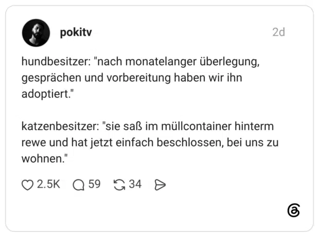 hundbesitzer: "nach monatelanger überlegung, gesprächen und vorbereitung haben wir ihn adoptiert." katzenbesitzer: "sie saß im müllcontainer hinterm rewe und hat jetzt einfach beschlossen, bei uns zu wohnen."