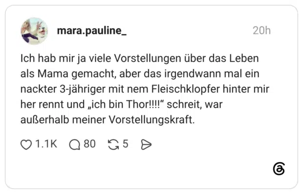 Ich hab mir ja viele Vorstellungen über das Leben als Mama gemacht, aber das irgendwann mal ein nackter 3-jähriger mit nem Fleischklopfer hinter mir her rennt und „ich bin Thor!!!!“ schreit, war außerhalb meiner Vorstellungskraft.