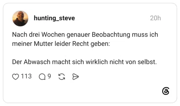 Nach drei Wochen genauer Beobachtung muss ich meiner Mutter leider Recht geben: Der Abwasch macht sich wirklich nicht von selbst.