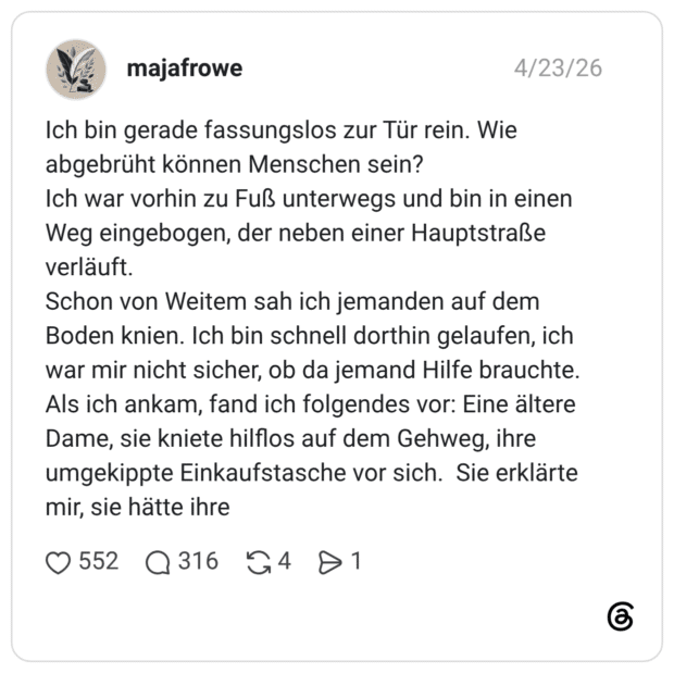 Ich bin gerade fassungslos zur Tür rein. Wie abgebrüht können Menschen sein? Ich war vorhin zu Fuß unterwegs und bin in einen Weg eingebogen, der neben einer Hauptstraße verläuft. Schon von Weitem sah ich jemanden auf dem Boden knien. Ich bin schnell dorthin gelaufen, ich war mir nicht sicher, ob da jemand Hilfe brauchte. Als ich ankam, fand ich folgendes vor: Eine ältere Dame, sie kniete hilflos auf dem Gehweg, ihre umgekippte Einkaufstasche vor sich. Sie erklärte mir, sie hätte ihre