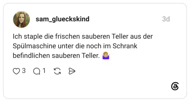 Ich staple die frischen sauberen Teller aus der Spülmaschine unter die noch im Schrank befindlichen sauberen Teller.