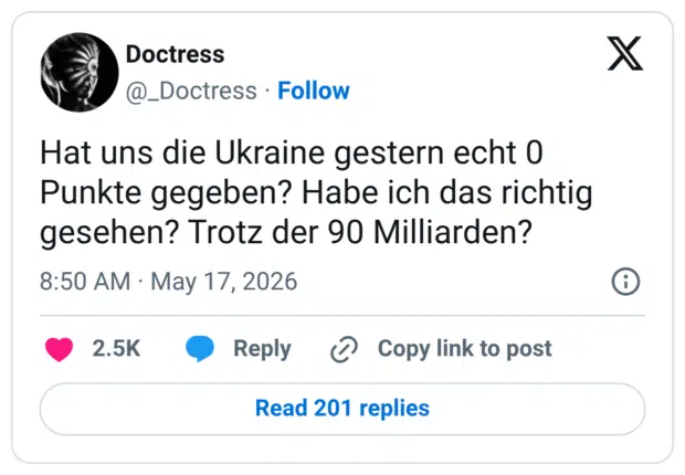 Hat uns die Ukraine gestern echt 0 Punkte gegeben? Habe ich das richtig gesehen? Trotz der 90 Milliarden?