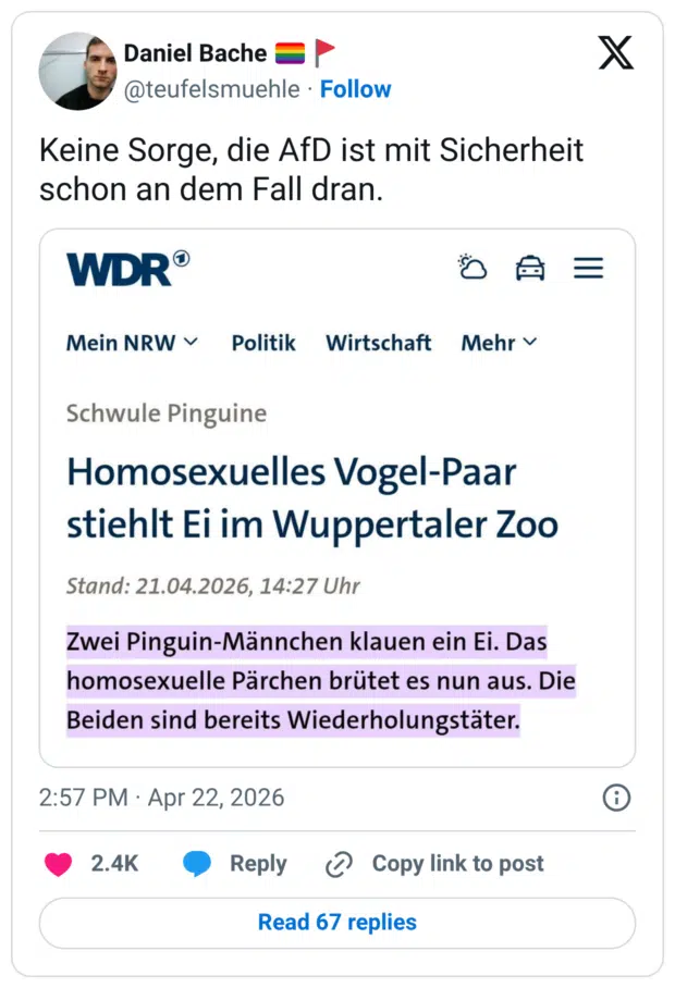 Keine Sorge, die AfD ist mit Sicherheit schon an dem Fall dran.