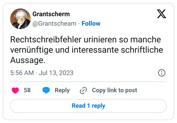 Rechtschreibfehler urinieren so manche vernünftige und interessante schriftliche Aussage.