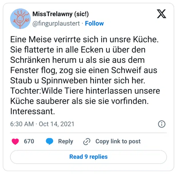 Eine Meise verirrte sich in unsre Küche. Sie flatterte in alle Ecken u über den Schränken herum u als sie aus dem Fenster flog, zog sie einen Schweif aus Staub u Spinnweben hinter sich her. Tochter:Wilde Tiere hinterlassen unsere Küche sauberer als sie sie vorfinden. Interessant.