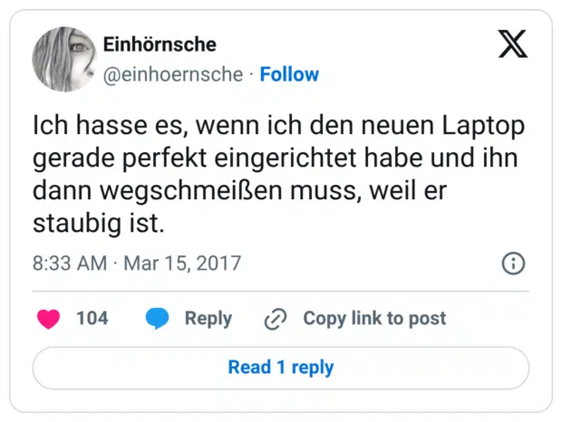Ich hasse es, wenn ich den neuen Laptop gerade perfekt eingerichtet habe und ihn dann wegschmeißen muss, weil er staubig ist.