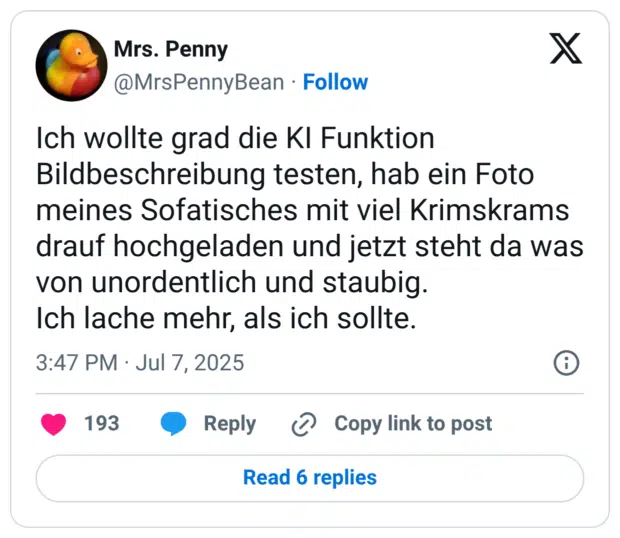 Ich wollte grad die KI Funktion Bildbeschreibung testen, hab ein Foto meines Sofatisches mit viel Krimskrams drauf hochgeladen und jetzt steht da was von unordentlich und staubig. Ich lache mehr, als ich sollte.