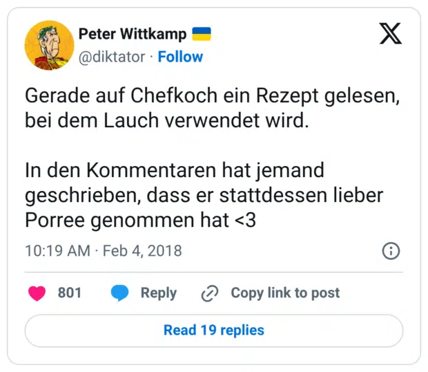 Gerade auf Chefkoch ein Rezept gelesen, bei dem Lauch verwendet wird.  In den Kommentaren hat jemand geschrieben, dass er stattdessen lieber Porree genommen hat