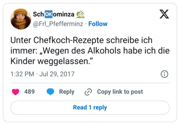 Unter Chefkoch-Rezepte schreibe ich immer: „Wegen des Alkohols habe ich die Kinder weggelassen.“