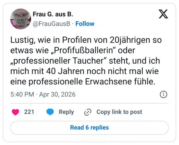 Lustig, wie in Profilen von 20jährigen so etwas wie „Profifußballerin“ oder „professioneller Taucher“ steht, und ich mich mit 40 Jahren noch nicht mal wie eine professionelle Erwachsene fühle.
