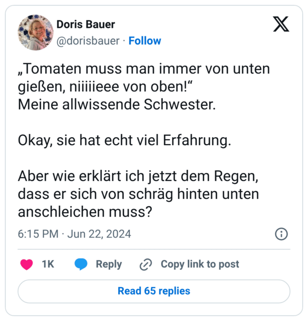 „Tomaten muss man immer von unten gießen, niiiiieee von oben!“ Meine allwissende Schwester. Okay, sie hat echt viel Erfahrung. Aber wie erklärt ich jetzt dem Regen, dass er sich von schräg hinten unten anschleichen muss?
