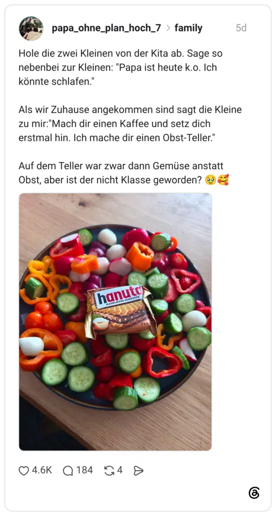 Hole die zwei Kleinen von der Kita ab. Sage so nebenbei zur Kleinen: "Papa ist heute k.o. Ich könnte schlafen." Als wir Zuhause angekommen sind sagt die Kleine zu mir:"Mach dir einen Kaffee und setz dich erstmal hin. Ich mache dir einen Obst-Teller." Auf dem Teller war zwar dann Gemüse anstatt Obst, aber ist der nicht Klasse geworden? 🥹🥰