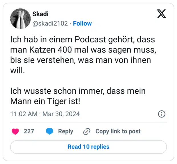 Ich hab in einem Podcast gehört, dass man Katzen 400 mal was sagen muss, bis sie verstehen, was man von ihnen will. Ich wusste schon immer, dass mein Mann ein Tiger ist!