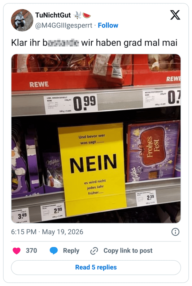 Klar ihr bertarde wir haben grad mal mai REWE LEEK MERZEN GEFLELAT BEWE 150g BT 300 g = 0.4K 099 Und bevor wer was sagt... NEIN es wird nicht jedes Jahr früher....