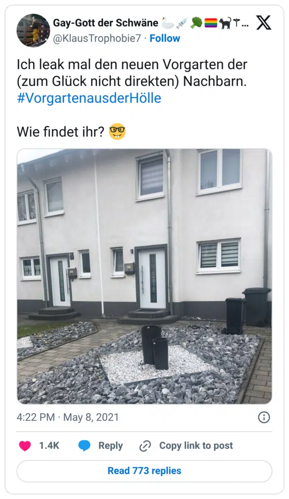 Ich leak mal den neuen Vorgarten der (zum Glück nicht direkten) Nachbarn. #VorgartenausderHölle Wie findet ihr? 🤓