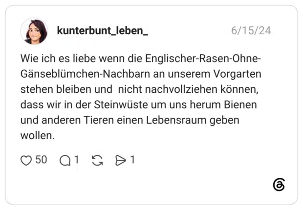Wie ich es liebe wenn die Englischer-Rasen-Ohne- Gänseblümchen-Nachbarn an unserem Vorgarten stehen bleiben und nicht nachvollziehen können, dass wir in der Steinwüste um uns herum Bienen und anderen Tieren einen Lebensraum geben wollen.