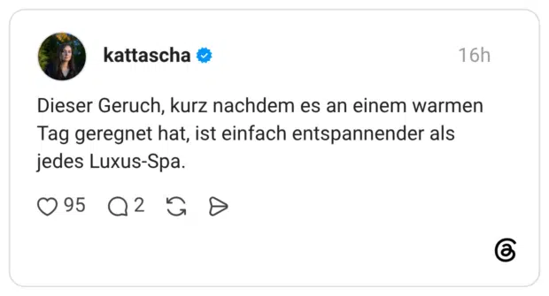 Dieser Geruch, kurz nachdem es an einem warmen Tag geregnet hat, ist einfach entspannender als jedes Luxus-Spa.