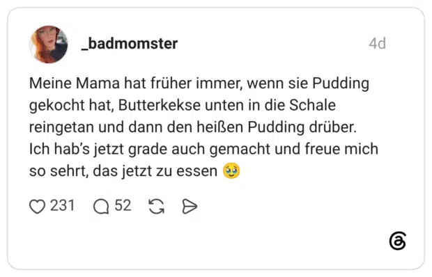 Meine Mama hat früher immer, wenn sie Pudding gekocht hat, Butterkekse unten in die Schale reingetan und dann den heißen Pudding drüber. Ich hab’s jetzt grade auch gemacht und freue mich so sehrt, das jetzt zu essen 🥹
