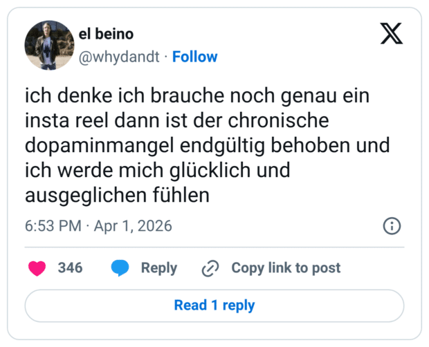 ich denke ich brauche noch genau ein insta reel dann ist der chronische dopaminmangel endgültig behoben und ich werde mich glücklich und ausgeglichen fühlen