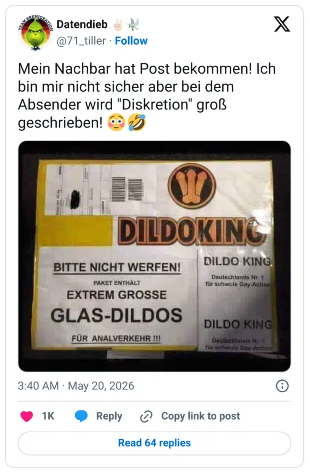 Mein Nachbar hat Post bekommen! Ich bin mir nicht sicher aber bei dem Absender wird "Diskretion" groß geschrieben! 😳🤣
