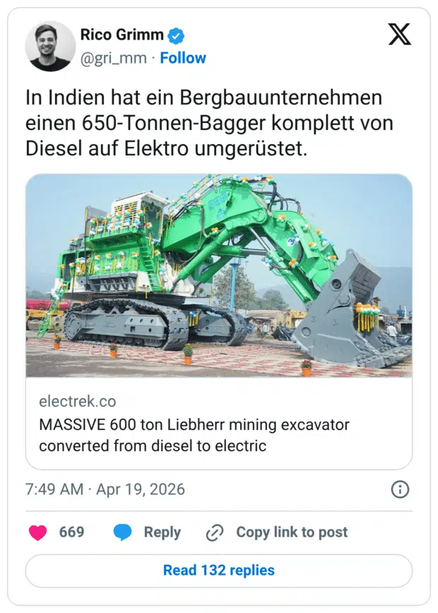 In Indien hat ein Bergbauunternehmen einen 650-Tonnen-Bagger komplett von Diesel auf Elektro umgerüstet.