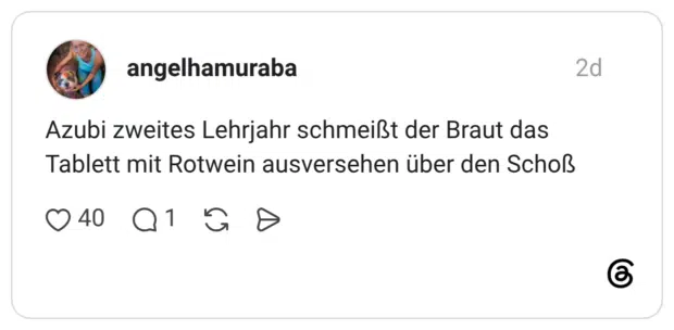 Azubi zweites Lehrjahr schmeißt der Braut das Tablett mit Rotwein ausversehen über den Schoß