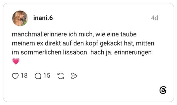 manchmal erinnere ich mich, wie eine taube meinem ex direkt auf den kopf gekackt hat, mitten im sommerlichen lissabon. hach ja. erinnerungen
