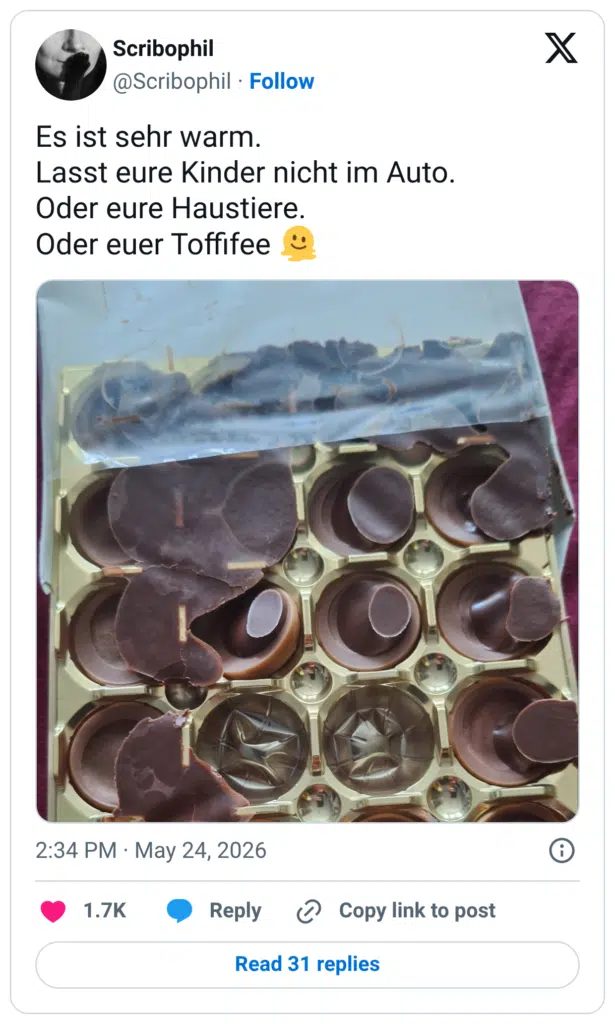 Es ist sehr warm. Lasst eure Kinder nicht im Auto. Oder eure Haustiere. Oder euer Toffifee 🫠