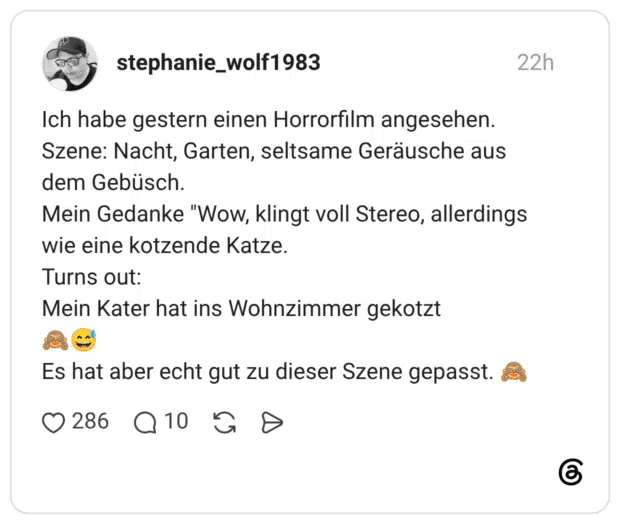 Ich habe gestern einen Horrorfilm angesehen. Szene: Nacht, Garten, seltsame Geräusche aus dem Gebüsch. Mein Gedanke "Wow, klingt voll Stereo, allerdings wie eine kotzende Katze. Turns out: Mein Kater hat ins Wohnzimmer gekotzt 🙈😅 Es hat aber echt gut zu dieser Szene gepasst. 🙈