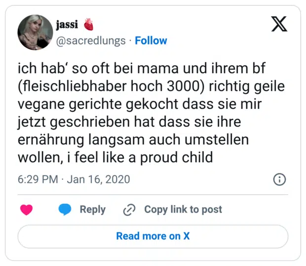 ch hab‘ so oft bei mama und ihrem bf (fleischliebhaber hoch 3000) richtig geile vegane gerichte gekocht dass sie mir jetzt geschrieben hat dass sie ihre ernährung langsam auch umstellen wollen, i feel like a proud child
