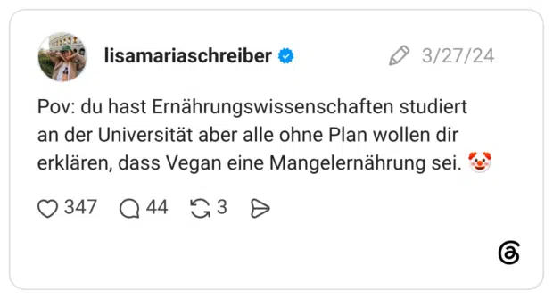 Pov: du hast Ernährungswissenschaften studiert an der Universität aber alle ohne Plan wollen dir erklären, dass Vegan eine Mangelernährung sei. 🤡