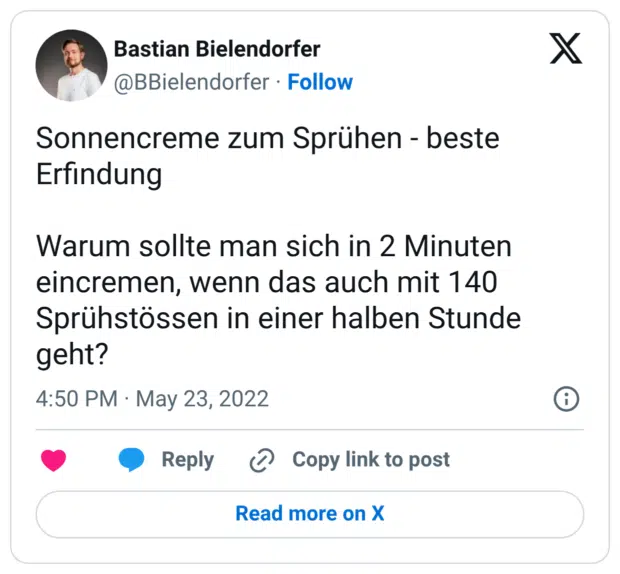 Sonnencreme zum Sprühen - beste Erfindung Warum sollte man sich in 2 Minuten eincremen, wenn das auch mit 140 Sprühstössen in einer halben Stunde geht?