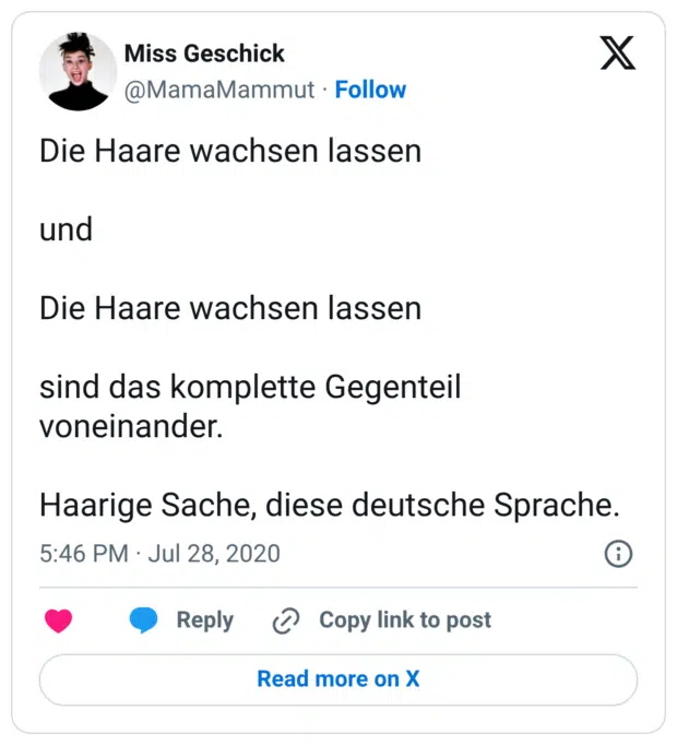 Die Haare wachsen lassen und Die Haare wachsen lassen sind das komplette Gegenteil voneinander. Haarige Sache, diese deutsche Sprache.