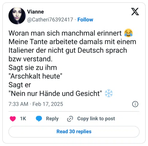 Woran man sich manchmal erinnert 😂 Meine Tante arbeitete damals mit einem Italiener der nicht gut Deutsch sprach bzw verstand. Sagt sie zu ihm "Arschkalt heute" Sagt er "Nein nur Hände und Gesicht" ❄️