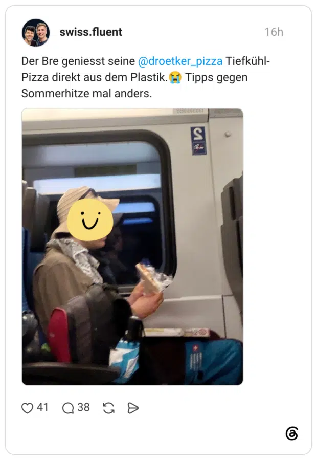 Der Bre geniesst seine @droetker_pizza Tiefkühl- Pizza direkt aus dem Plastik. [) Tipps gegen Sommerhitze mal anders.