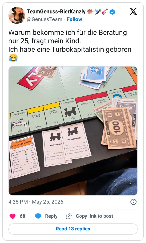 TeamGenuss-BierKanzly @GenussTeam • Follow Warum bekomme ich für die Beratung nur 25, fragt mein Kind Ich habe eine Turbokapitalistin geboren NORDBAHNHOF WASSERWERK SCHILLER- STRASSE M260 M150 BESITZRECHTKARTE MÜNCHENER STRASSE Miete Miete bei ganzer Farbgruppe Miete mit Miete mit Miete mit Miete mit Miete mit 1 Haus kostet 1 Hotel kostet M1+ H28 M.70 M200 M550 M.750 M950 M100 ₩100 (plus 4 Häuser) -01075 5013 HASA LESSING- STRASSE M260 H NORDBAHNHO METE Wenn man 2 Bahnhofe besitzt HAUPTBAHNHOF METE N25 Wenn man 2 Bahnhole bestzt Wenn man 3 Bahnhofe besitzt M100 Wenn man 4 Bahnhöfe besitzt