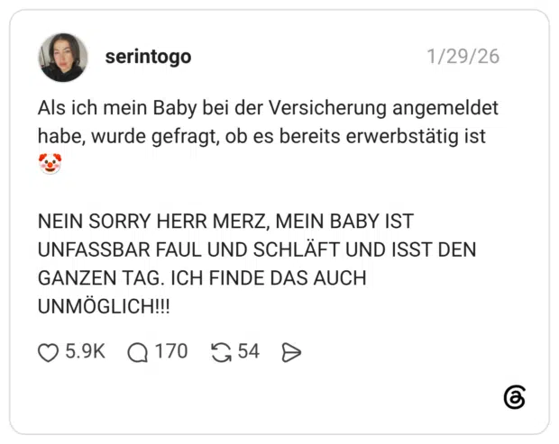 Als ich mein Baby bei der Versicherung angemeldet habe, wurde gefragt, ob es bereits erwerbstätig ist 🤡 NEIN SORRY HERR MERZ, MEIN BABY IST UNFASSBAR FAUL UND SCHLÄFT UND ISST DEN GANZEN TAG. ICH FINDE DAS AUCH UNMÖGLICH!!!