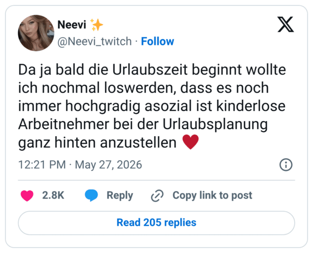 Da ja bald die Urlaubszeit beginnt wollte ich nochmal loswerden, dass es noch immer hochgradig asozial ist kinderlose Arbeitnehmer bei der Urlaubsplanung ganz hinten anzustellen ♥️