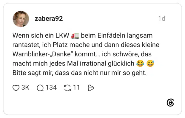 Wenn sich ein LKW 🚛 beim Einfädeln langsam rantastet, ich Platz mache und dann dieses kleine Warnblinker-„Danke“ kommt… ich schwöre, das macht mich jedes Mal irrational glücklich 😂 😅 Bitte sagt mir, dass das nicht nur mir so geht.