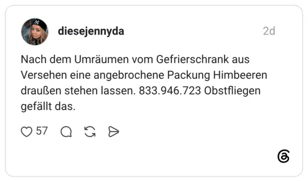 Nach dem Umräumen vom Gefrierschrank aus Versehen eine angebrochene Packung Himbeeren draußen stehen lassen. 833.946.723 Obstfliegen gefällt das.