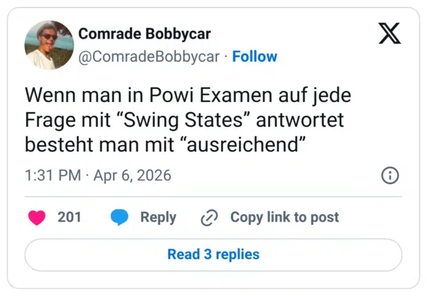 Wenn man in Powi Examen auf jede Frage mit "Swing States" antwortet besteht man mit "ausreichend"