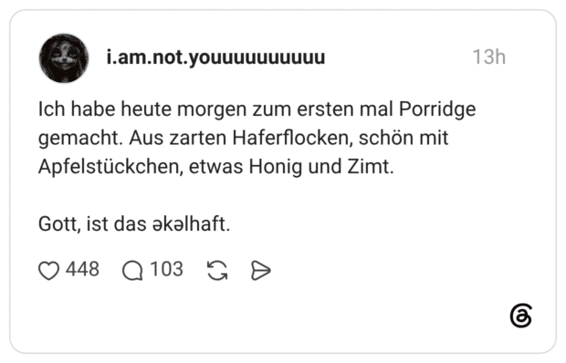 Ich habe heute morgen zum ersten mal Porridge gemacht. Aus zarten Haferflocken, schön mit Apfelstückchen, etwas Honig und Zimt. Gott, ist das əkəlhaft.