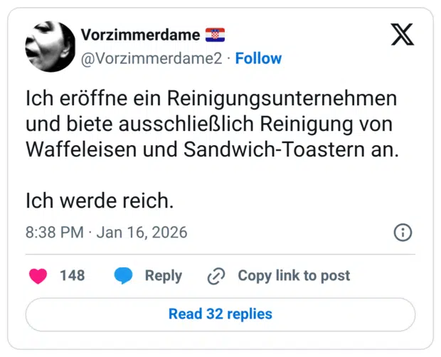 Ich eröffne ein Reinigungsunternehmen und biete ausschließlich Reinigung von Waffeleisen und Sandwich-Toastern an. Ich werde reich.
