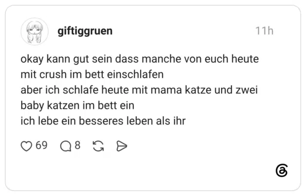 okay kann gut sein dass manche von euch heute mit crush im bett einschlafen aber ich schlafe heute mit mama katze und zwei baby katzen im bett ein ich lebe ein besseres leben als ihr
